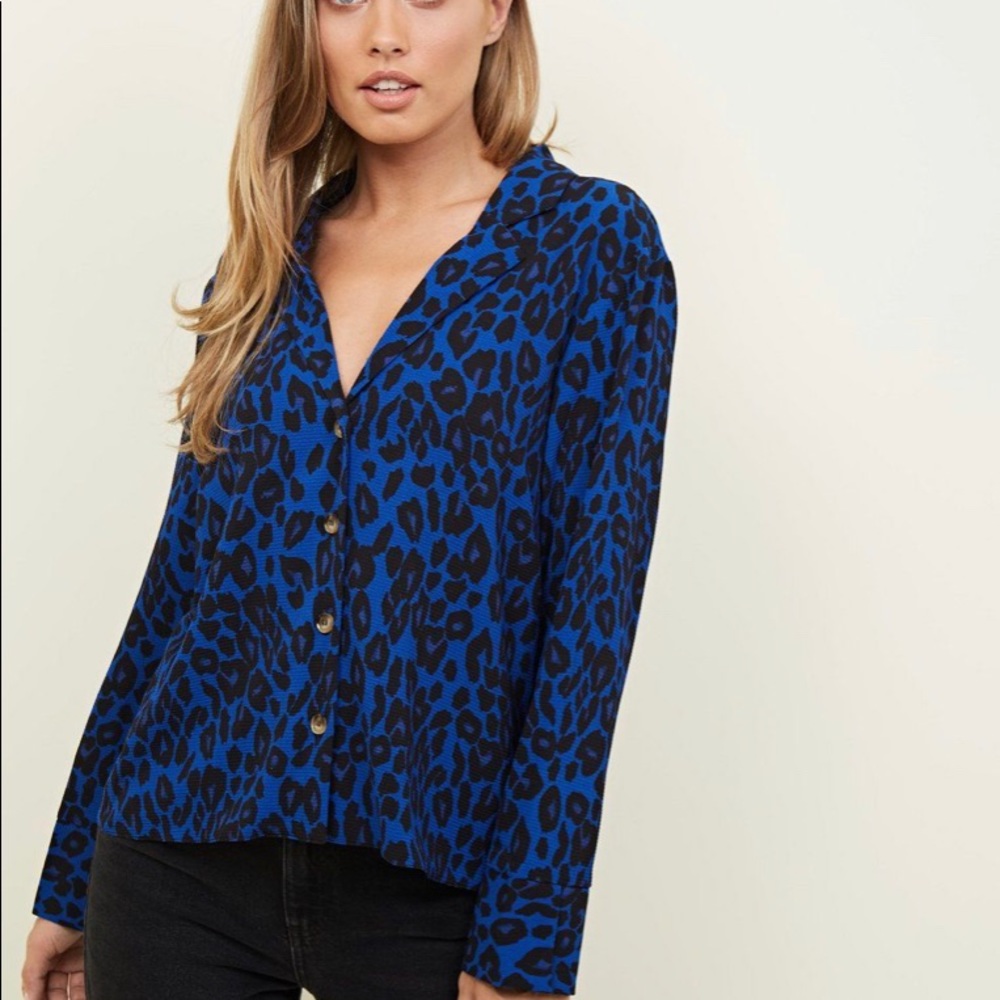 Free People Easy Rider Blue Leopard Button Up